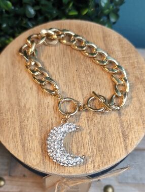 Gold Crystal Crescent Charm Chunky Bracelet